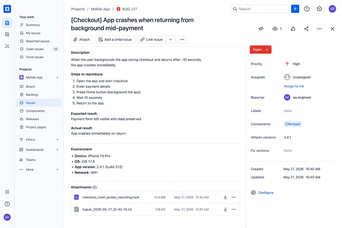Example bug report in a project management tool — showing title, steps to reproduce, environment, and attachments